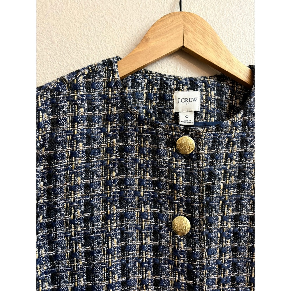 J.Crew Odette Lady Jacket in Navy Tweed Gold Crest Buttons‎ Size 0 Old Money